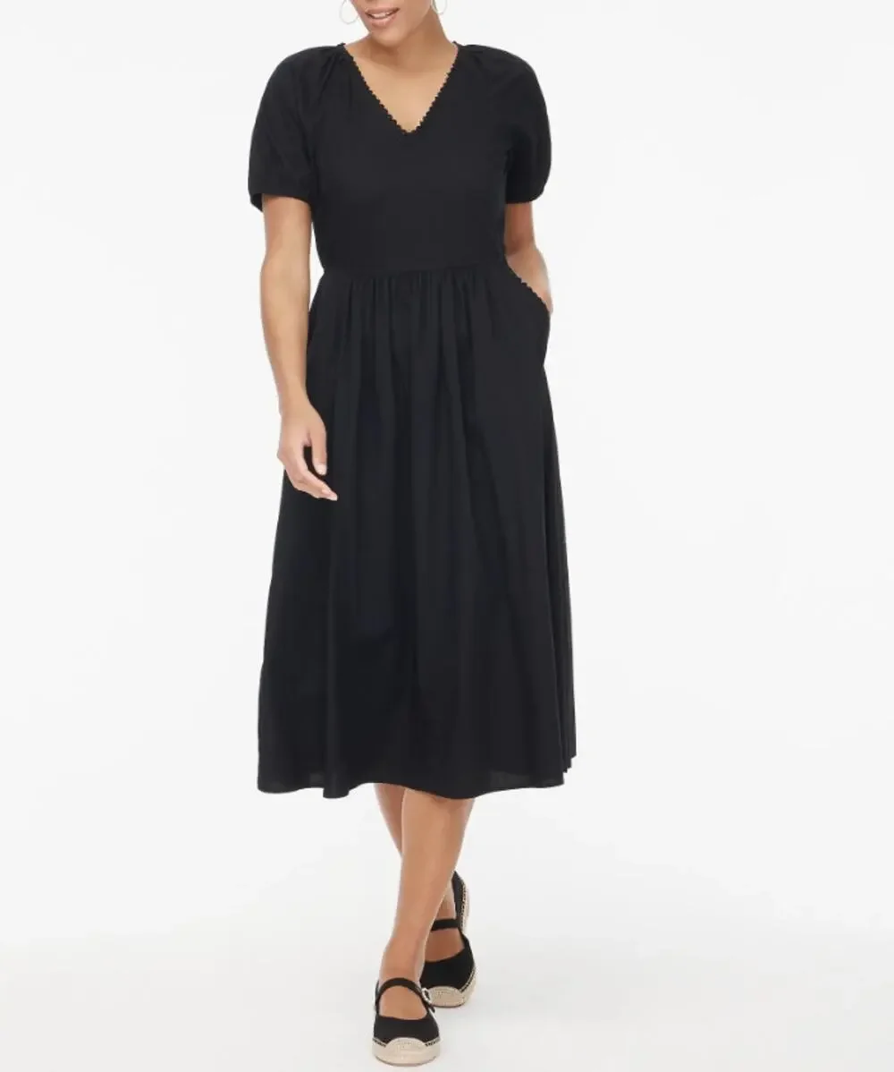 J.Crew Lace Trim Midi Dress WMNS 6 Black Puff Short Sleeve V-Neck Gathered Waist